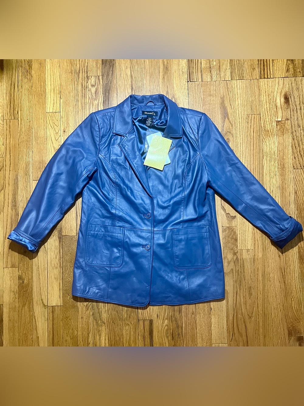 DENIM & CO Leather Buttery Soft Jacket Size Large Blue Blazer w/ Pockets Lined
